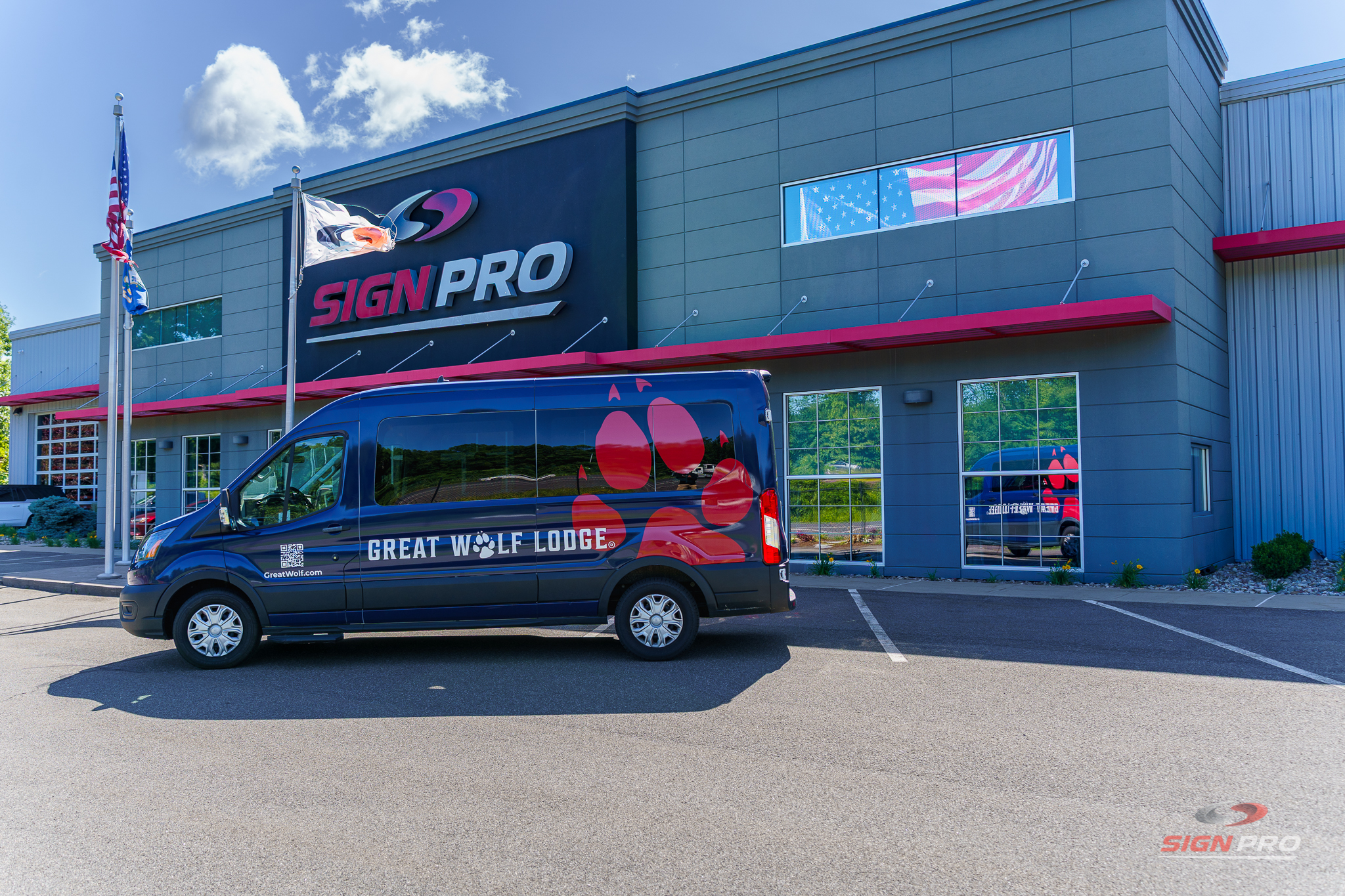 Custom fleet vehicle wrap designed, produced, and installed by Sign Pro for Great Wolf Lodge, transforming a company van into a highly visible mobile branding asset.