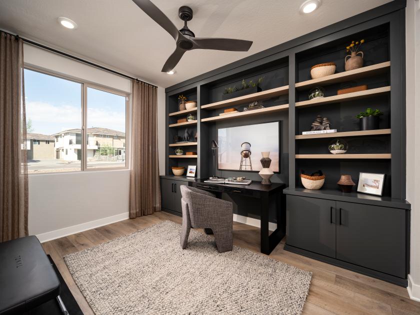 Home office with beautiful built-in shelving