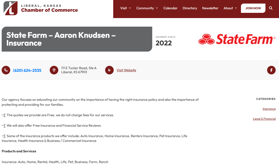 Aaron Knudsen - State Farm Insurance has been a member of the Liberal, KS Chamber of commerce since 2022. Providing residents with expert insurance advice!