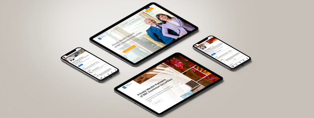Image of two tablets and two smartphones featuring RBC Dominion Securities websites