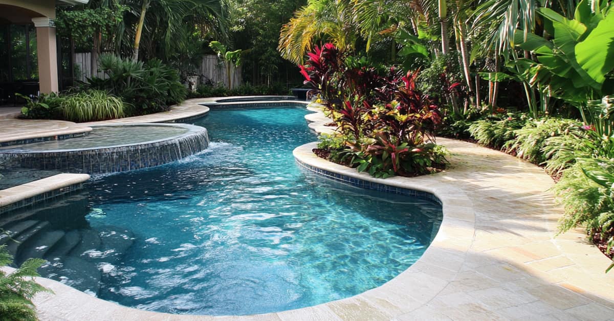 freeform pool in a tropical backyard setting