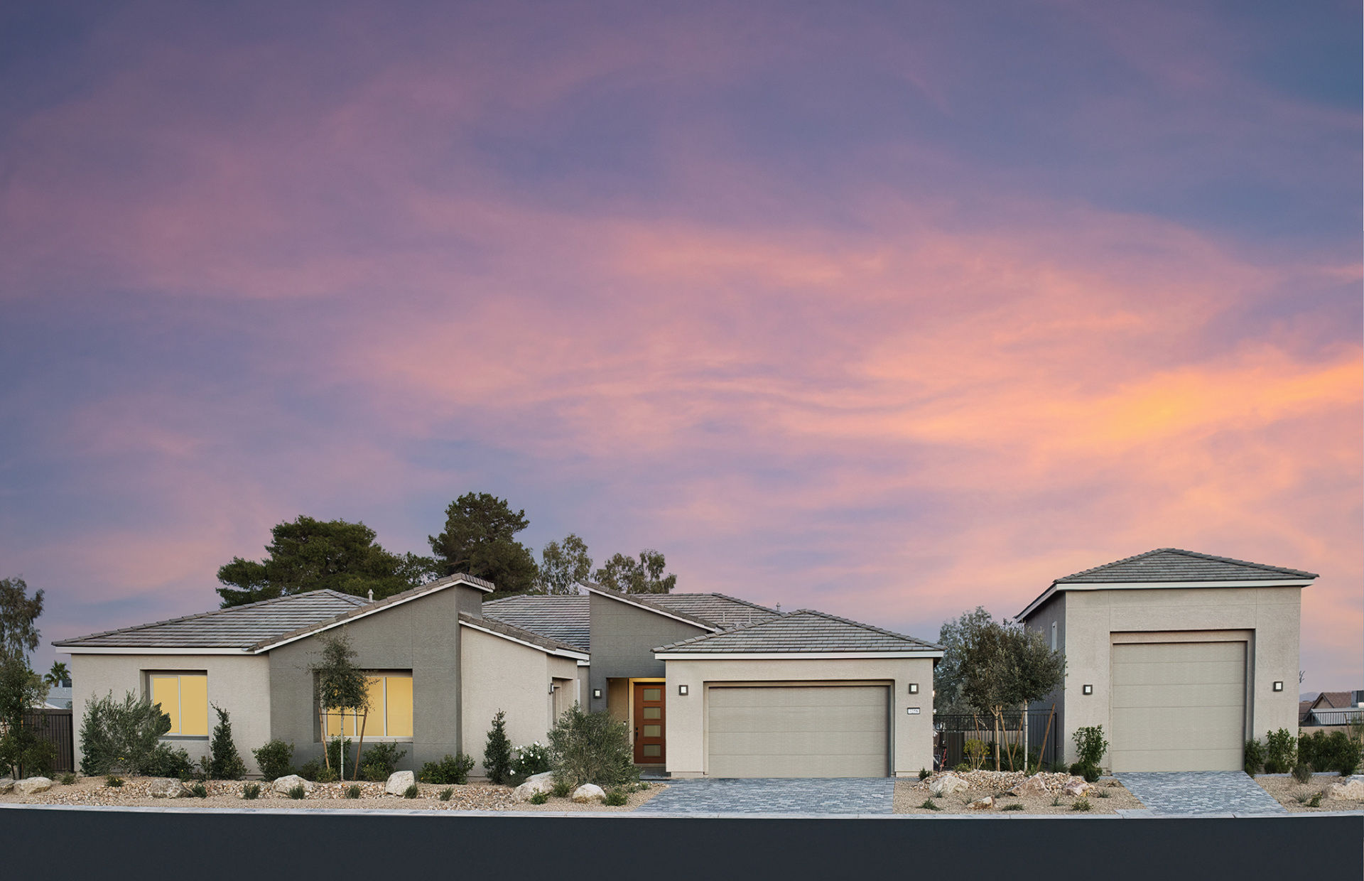 Exterior Elevation A with slanted gray roof, Luminary floor plan new construction in Las Vegas, NV