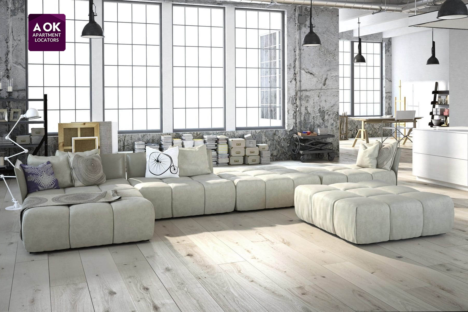 Modern luxury apartment with floor-to-ceiling windows and stylish interiors.