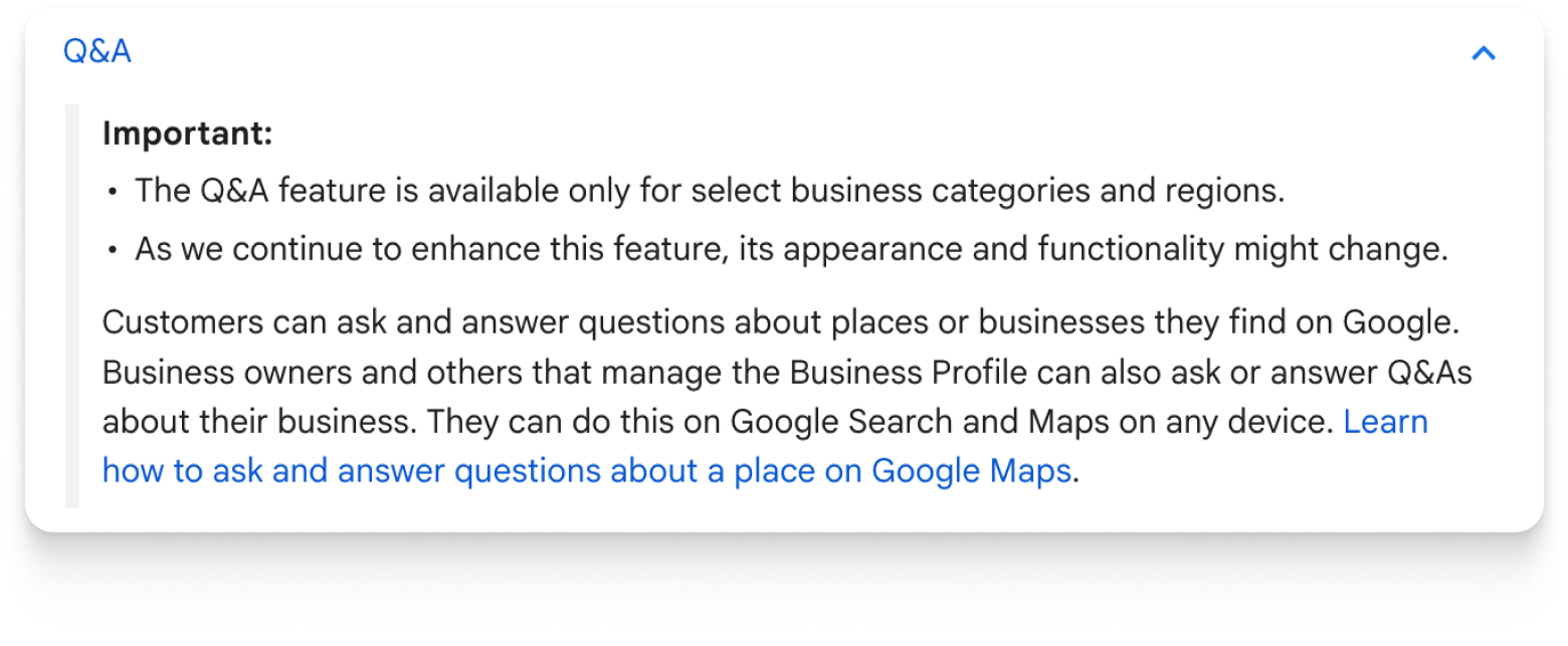 Google Business Profile Q&A notice with important details about feature availability, changes, and instructions for asking and answering questions, including a blue link to learn more.