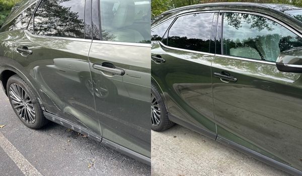 Before-and-after comparison shows a dark green vehicle with severe dents along the side doors and ro 