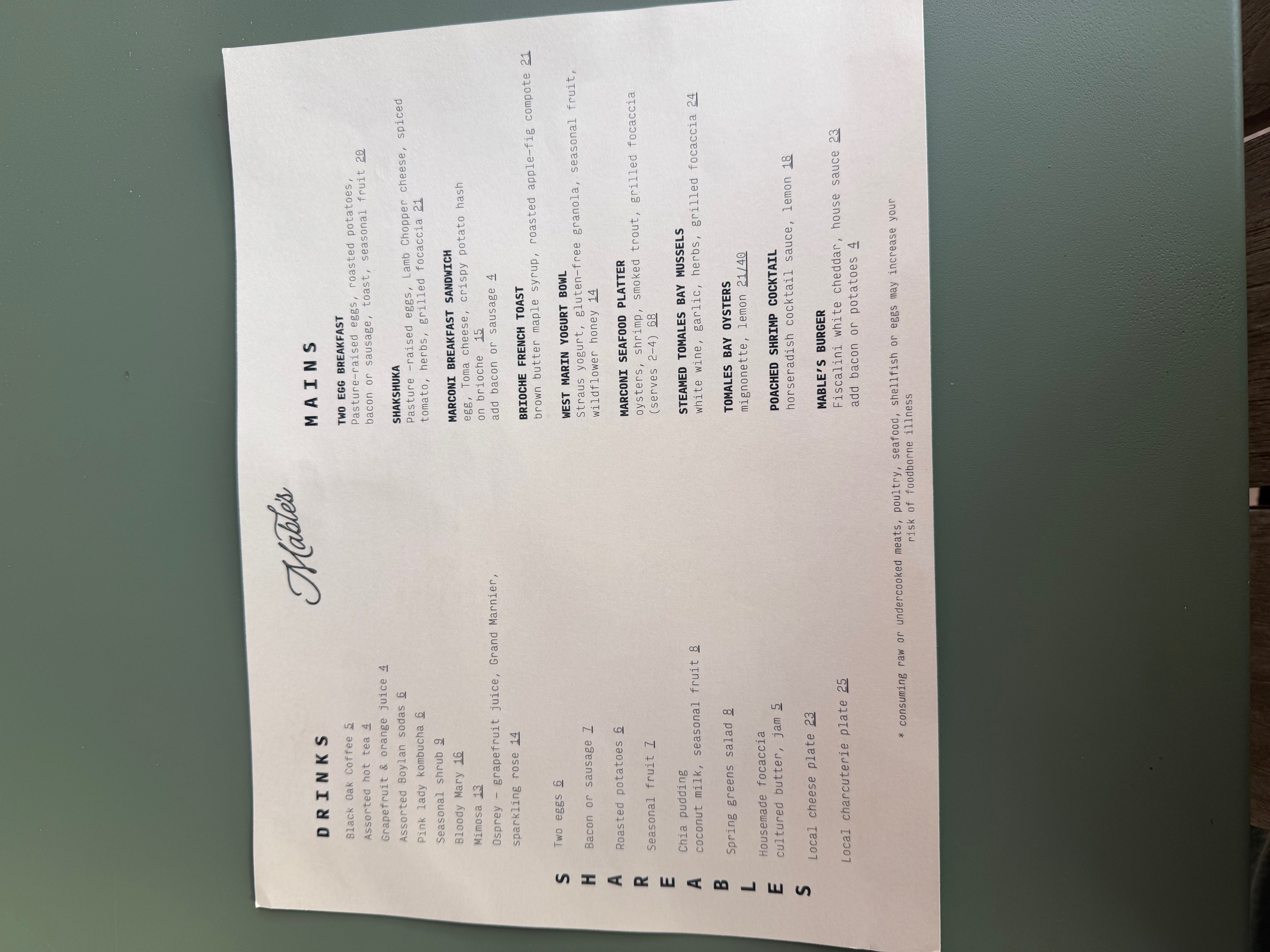 Mable's dinner menu, served after 4pm from Tuesday to Saturday