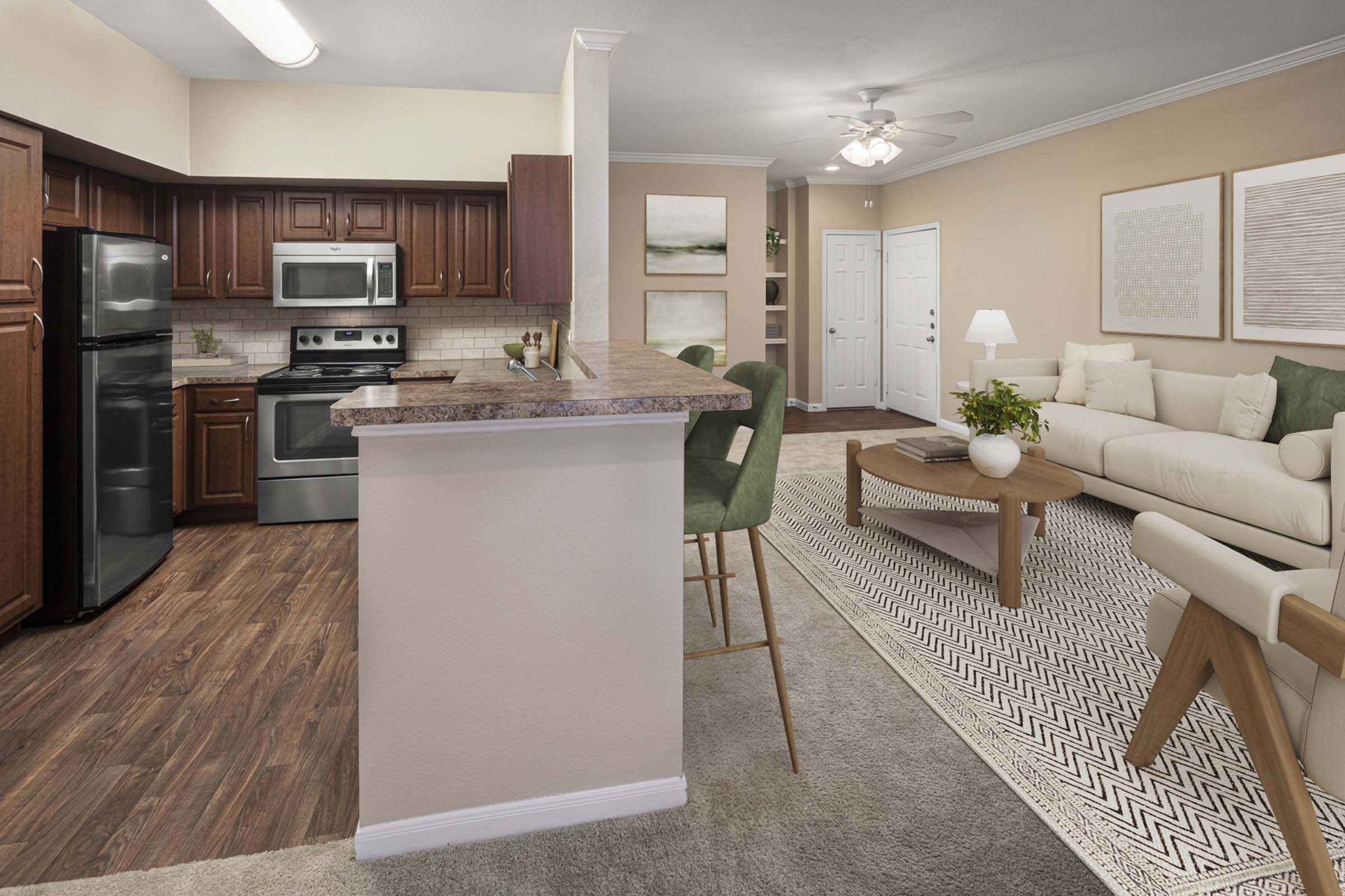 Kitchen and spacious living room at Camden Buckingham apartments in Richardson, Tx 