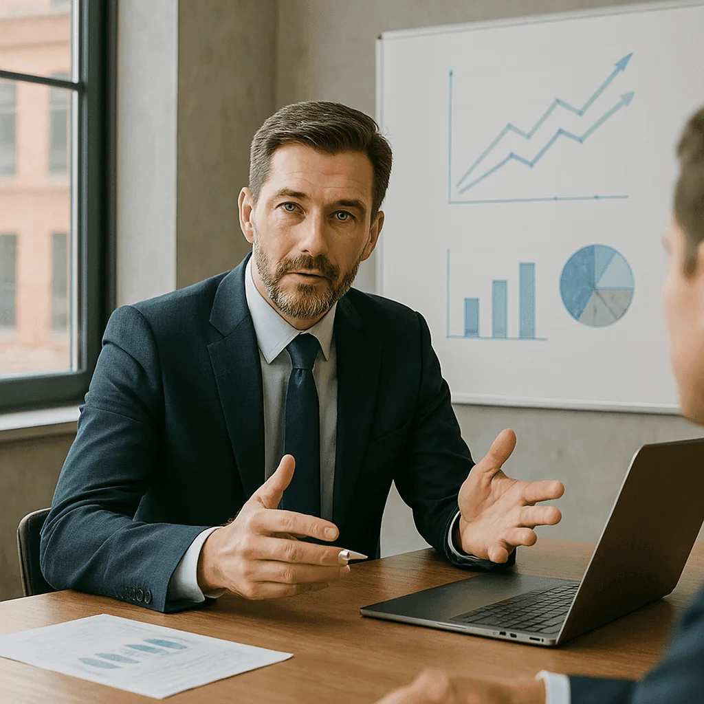 A man in a suit is sitting at a desk and talking to someone, with charts in the background.