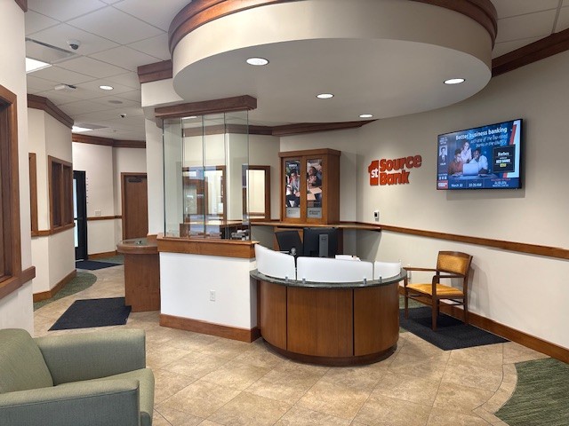 Lobby of 1st Source banking center on S. Jackson Street in Auburn, Indiana