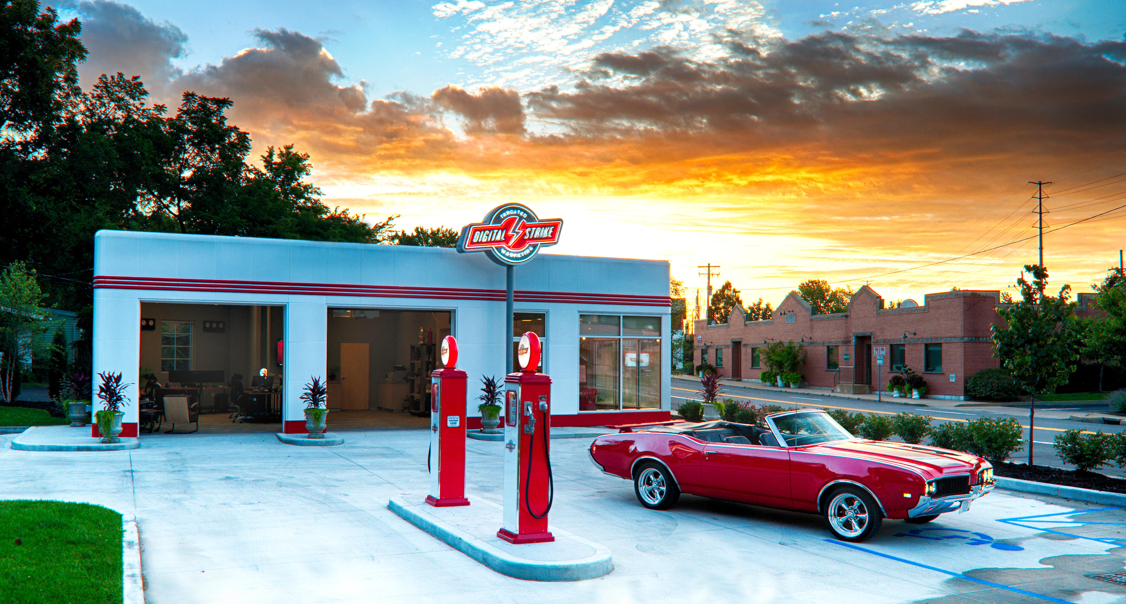 Front view of Digital Strike - Targeted Marketing office with vintage car