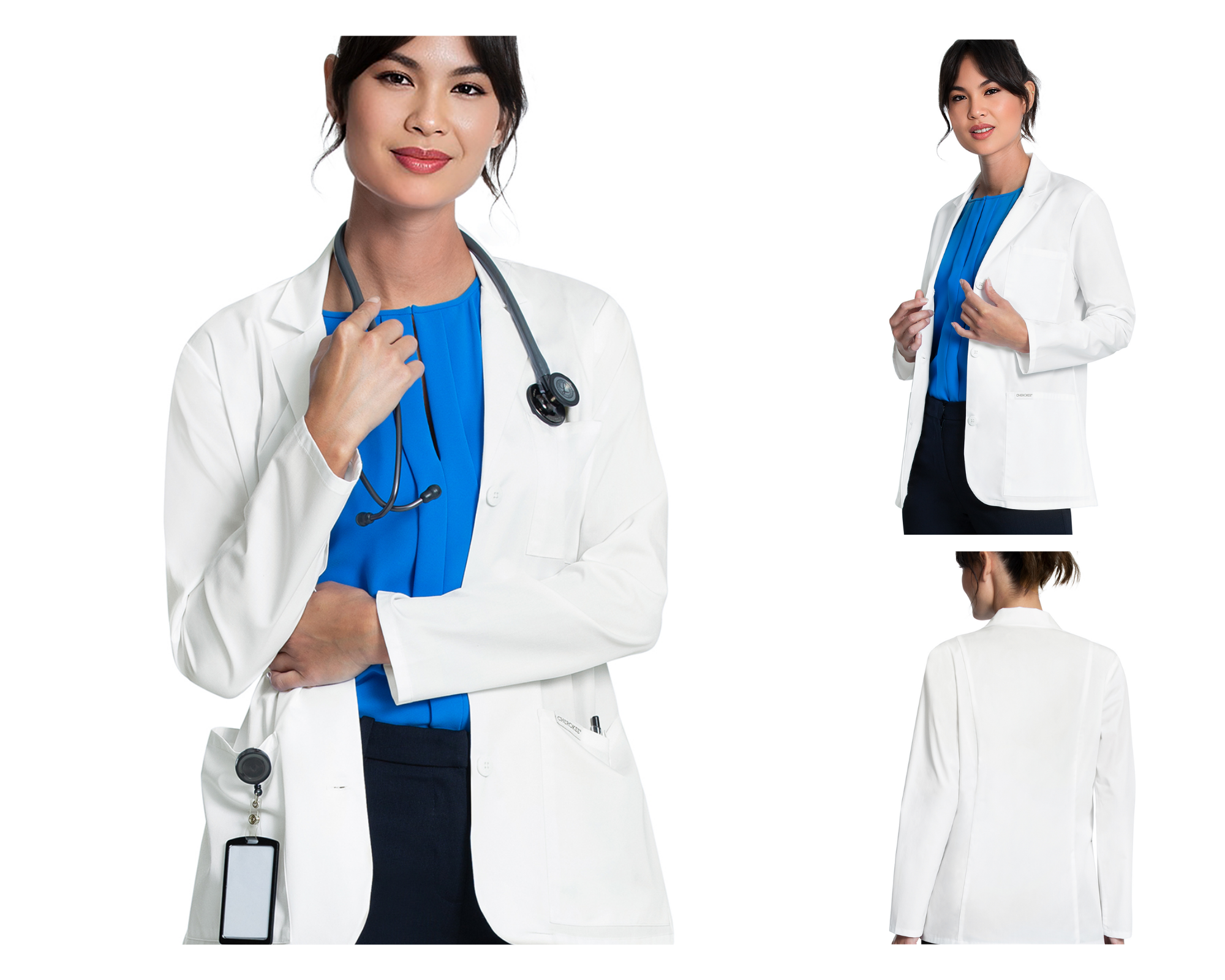 CK PROJECT LAB 28" Consultation Coat: Description: This Modern Classic fit consultation length lab coat has notched lapels, a three button front closure and back princess seams for fit and shaping. There are a total of three pockets: one chest pocket and two front tablet pockets. The coat also has a center front overlap with a rounded front hem. Center back length: 28" Fabric Content: 65% Polyester / 35% Cotton Built-in Stretch Twill