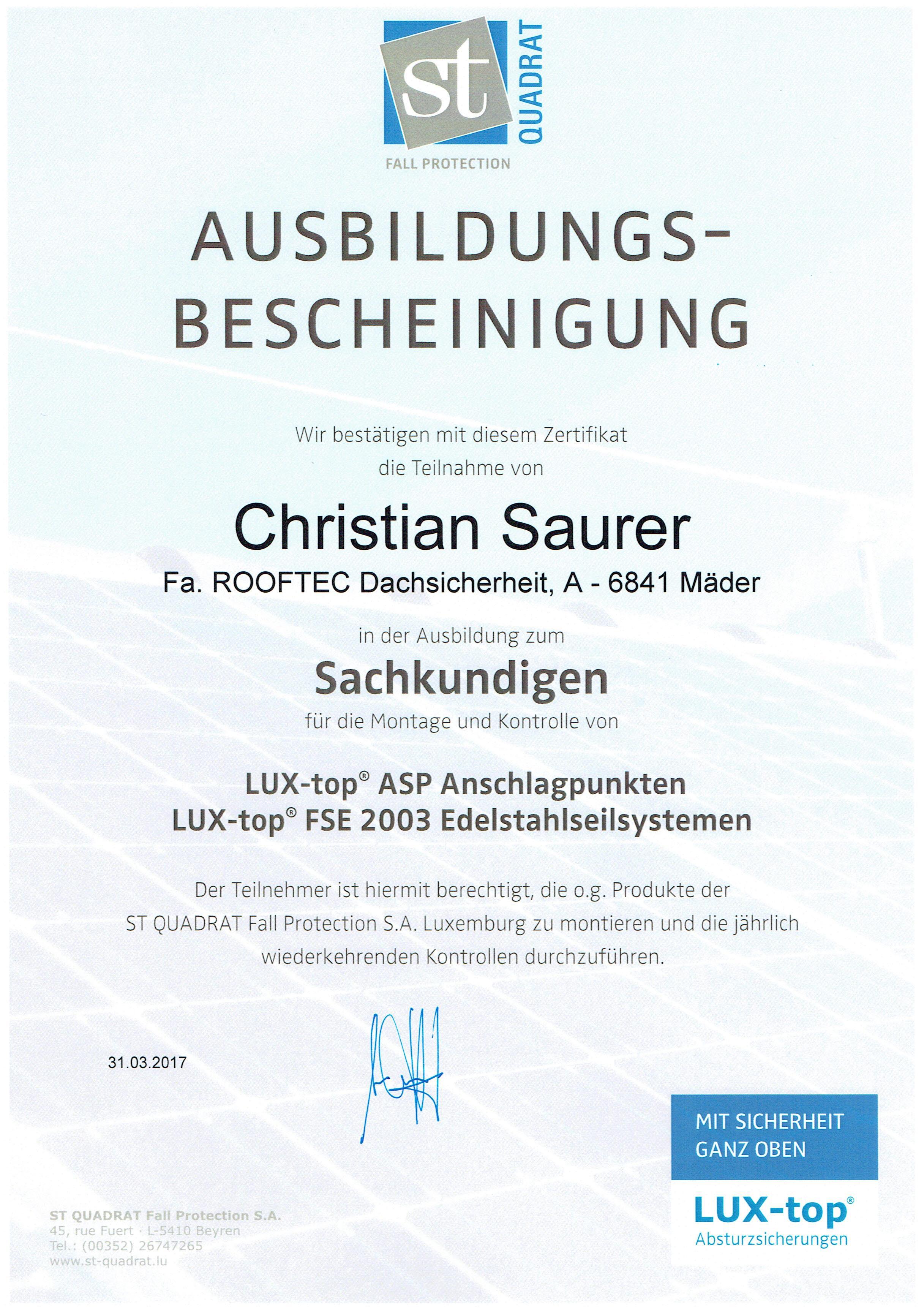 Rooftec Dachsicherheit - Christian Saurer, Ulimahd 37 in Mäder