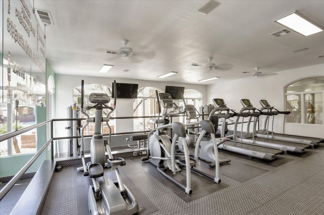 Full body work out center includes cardio, weights, and strength training equipment.