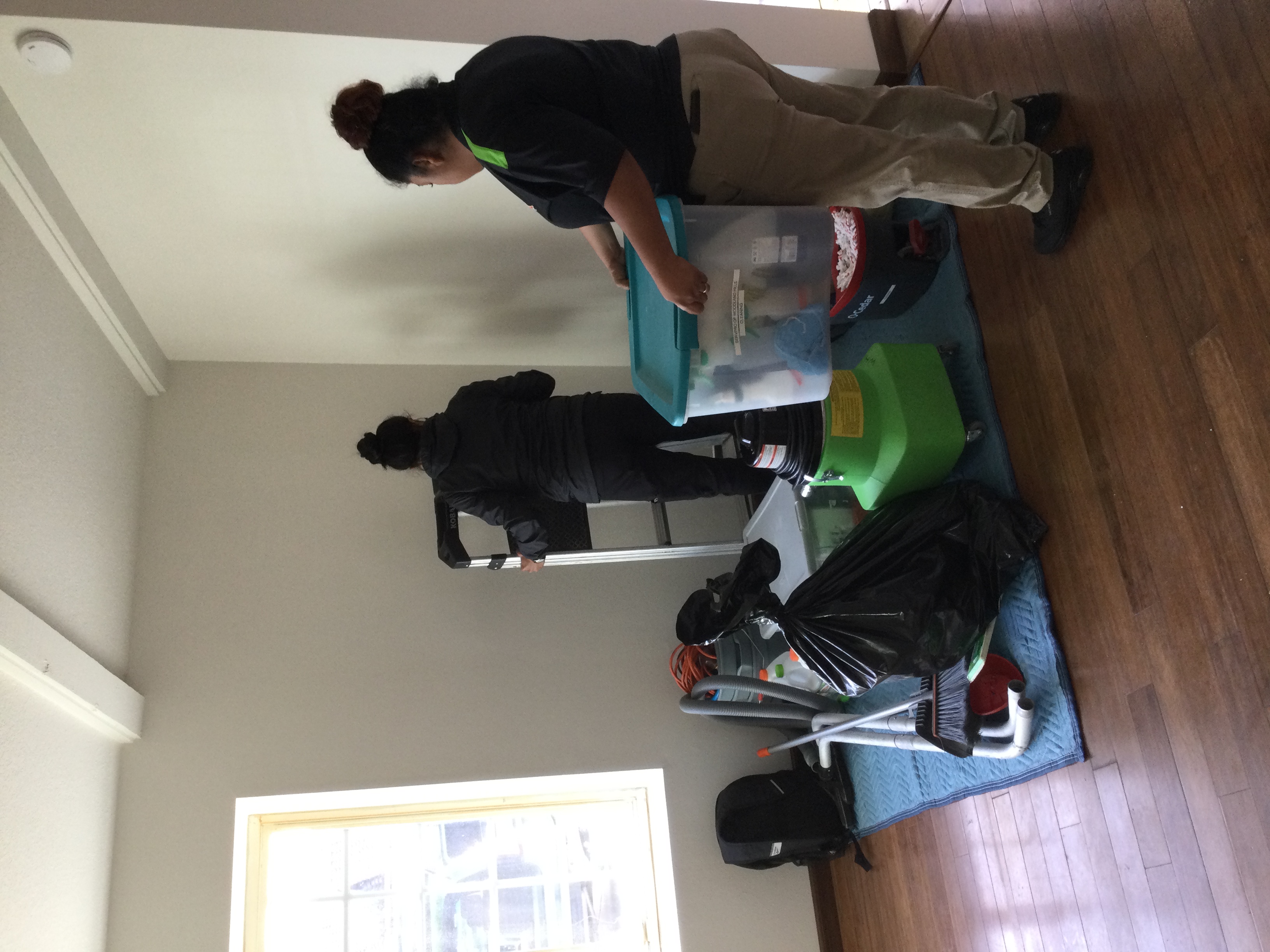 SERVPRO Crew staging a cleaning area with all their supplies!