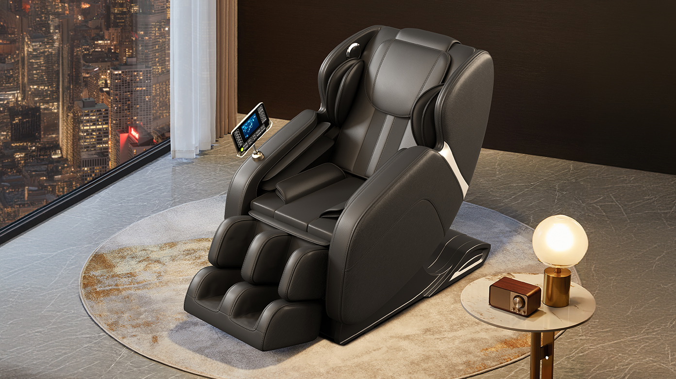 A luxurious black massage chair is positioned on a rug in front of a large window overlooking a city skyline at night. The chair features a built-in touchscreen display. Next to the chair, on a small side table, is a small wooden radio and a modern glass lamp. The setting appears to be a high-end apartment or office.