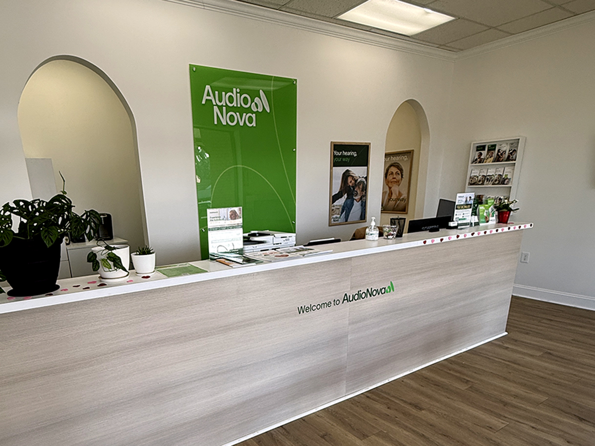 Interior photo of front desk for AudioNova hearing clinic in Weaverville, NC