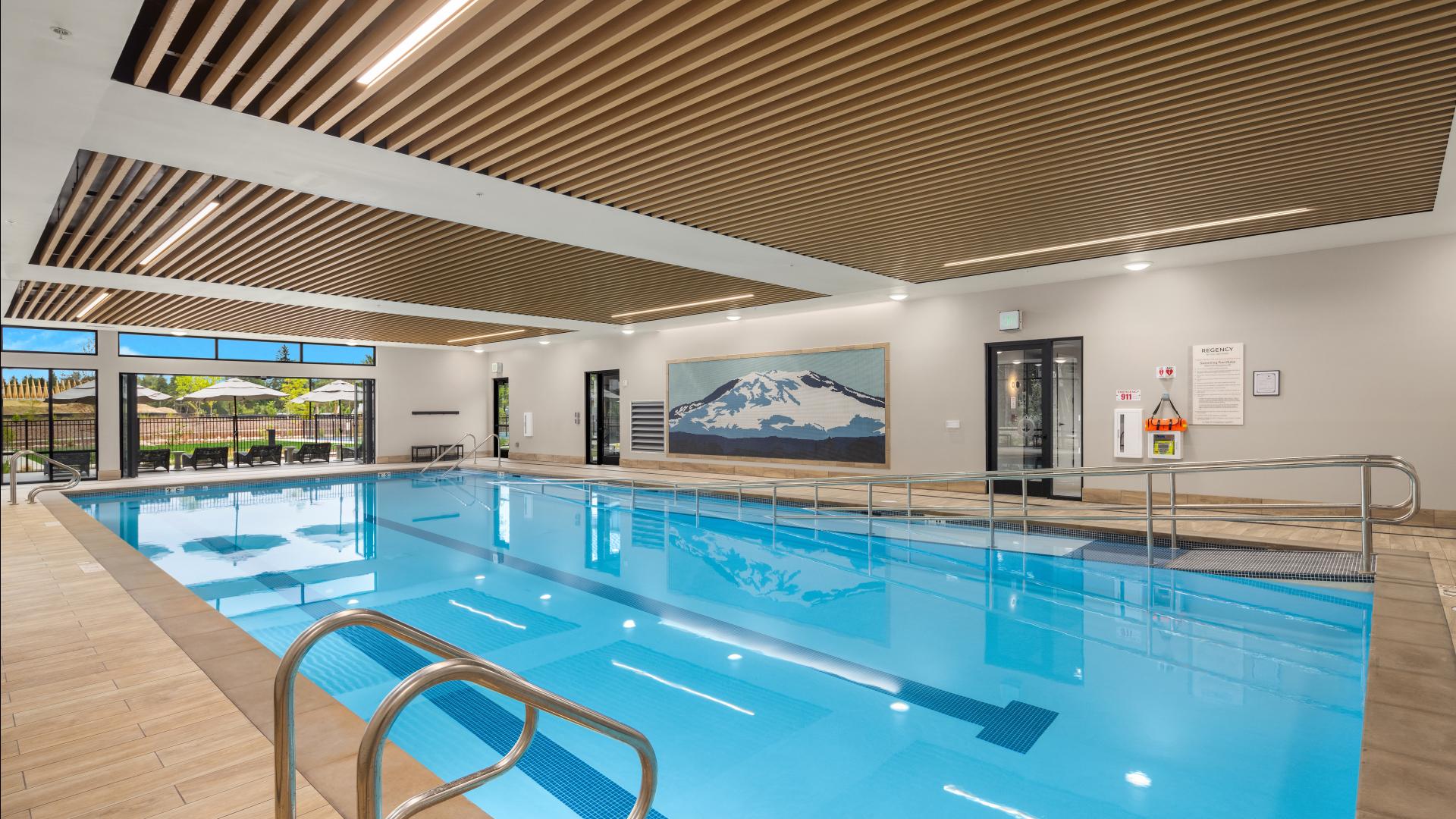 Indoor pool features a zero entry and lanes for swimming