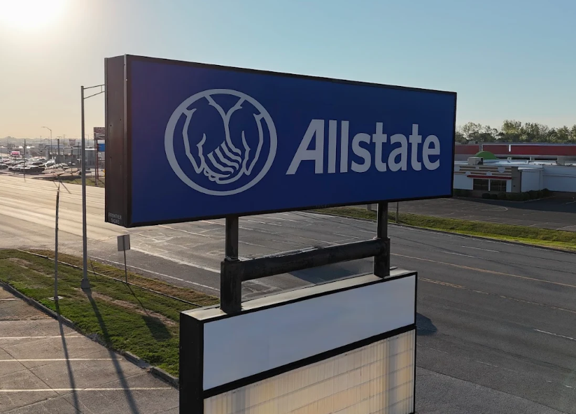 Roadside Allstate sign for Alexander Family Insurance located in Fort Wayne, Indiana with high-visibility frontage on a busy roadway.
