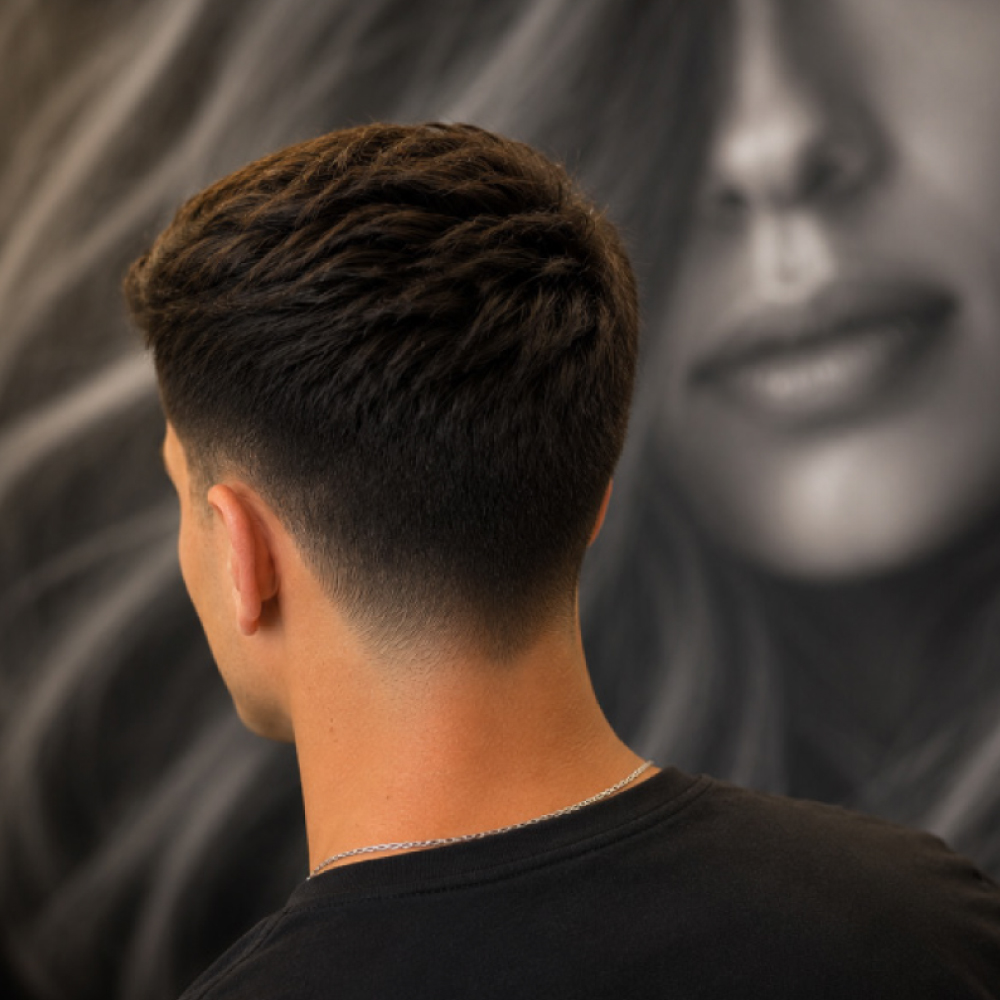Precision men's haircut featuring a clean taper fade and expertly blended finish by the skilled styl 
