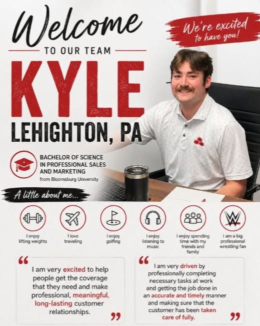 Please join us in welcoming Kyle Nahf to our team! After graduating from Bloomsburg University, Kyle recently passed his Property & Casualty and Life & Health licensing exams—making him ready to assist our community with confidence.
Kyle can assist by reviewing your policy options and looking for ways to optimize your insurance.
Feel free to reach out to get a quote today!