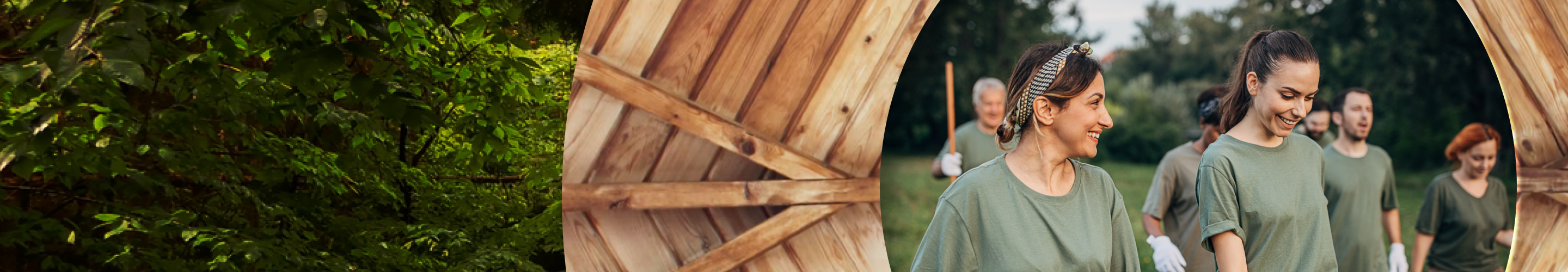 Collage featuring dense greenery, a wooden gazebo ceiling, and several people volunteering together.