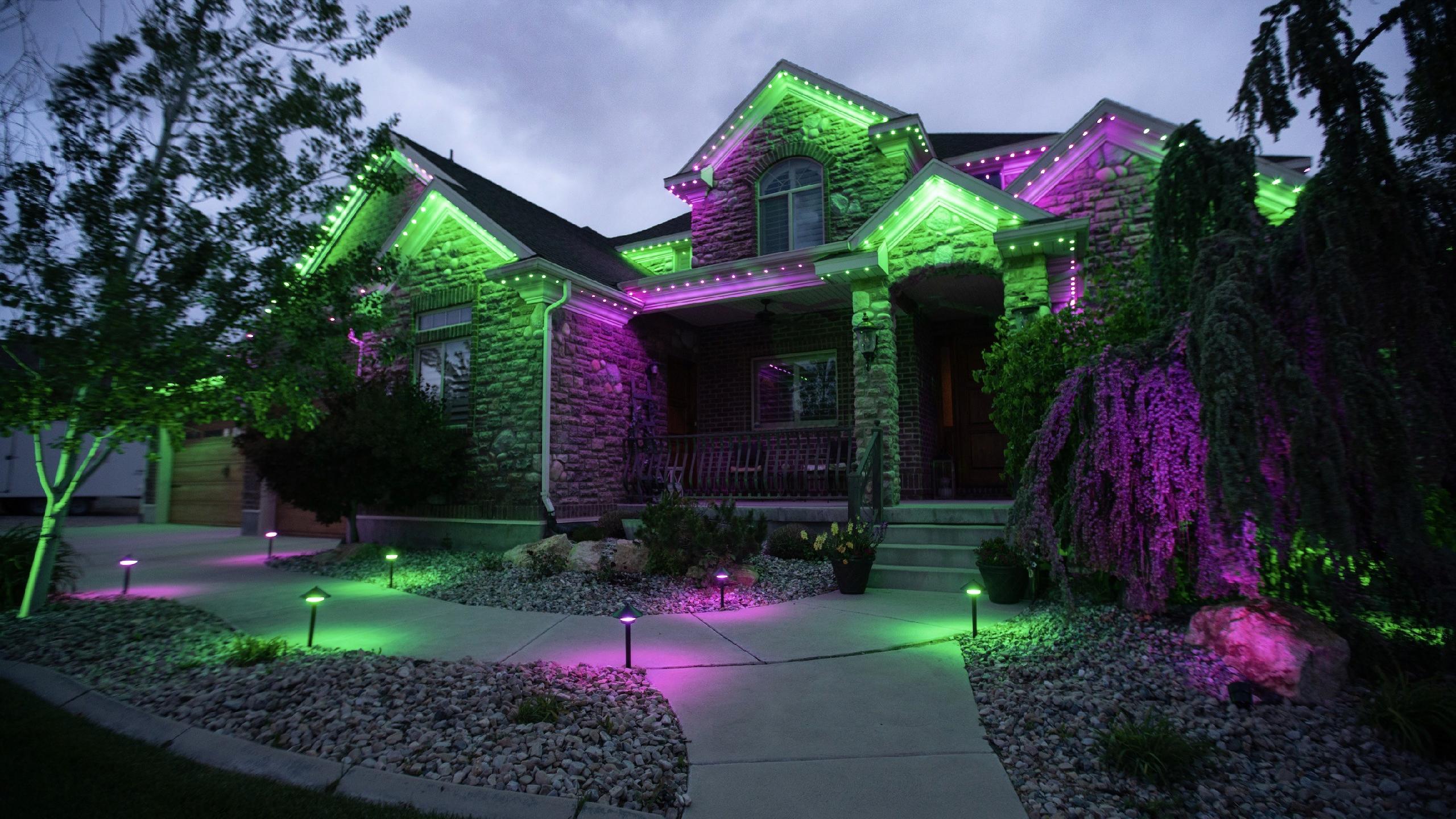 Green and purple landscape and architectural lighting illuminating the front entrance, trees, and exterior features of a home.
