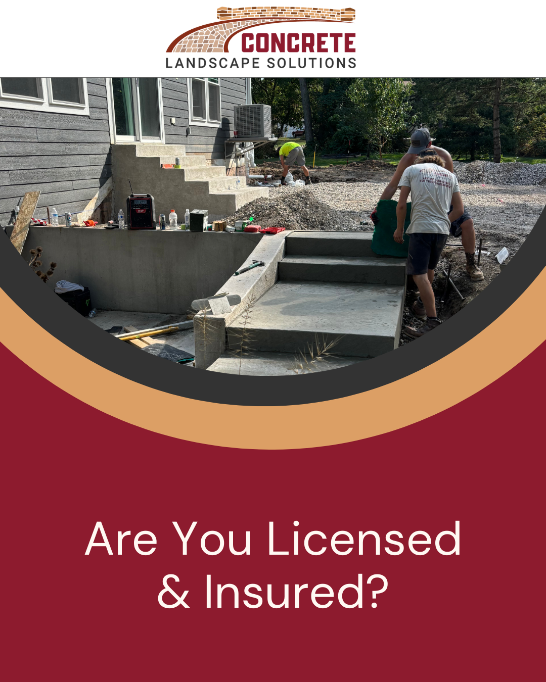 Concrete project photo showing workers installing or finishing concrete, emphasizing the importance of hiring a licensed and insured contractor.
