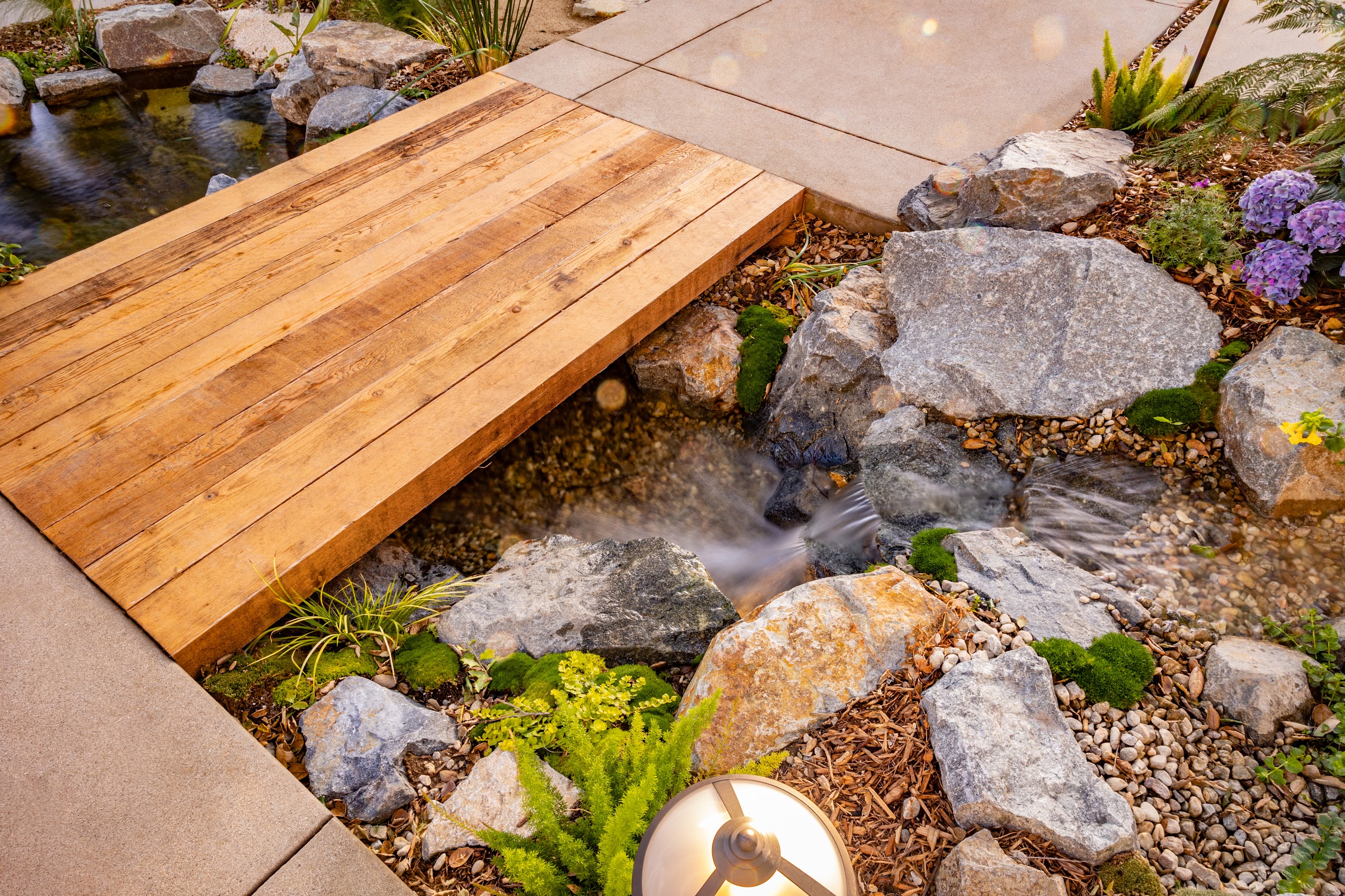 Wooden footbridge crosses a tranquil garden stream bordered by rocks, ferns, purple flowers, and stepping stones in a serene landscape.