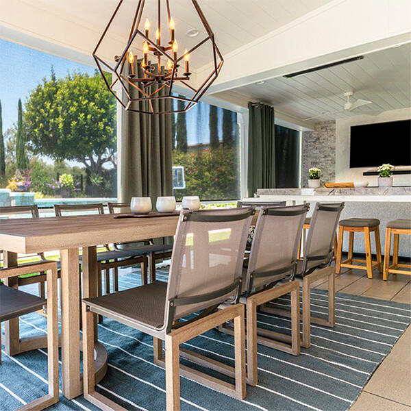 Keep your outdoor furniture looking brand new by combining outdoor window treatments that strike the right balance between style and functionality. Solar shades help to filter out harmful UV rays, while these drapes provide the right touch of elegance.