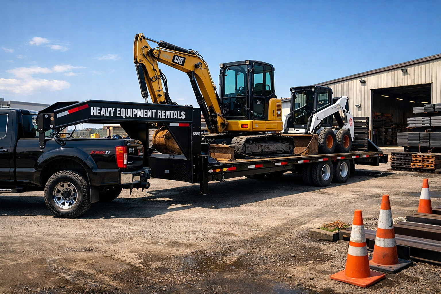 A heavy equipment trailer carries an excavator and skid steer near an industrial building. The image highlights equipment rental and transport operations, showcasing secure loading, large machinery, and commercial hauling capabilities in a construction environment.
