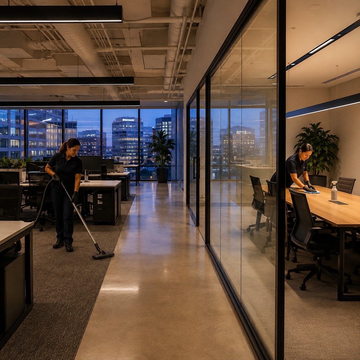 After-hours office cleaning crew at work in a Silicon Valley building — flexible night service with  