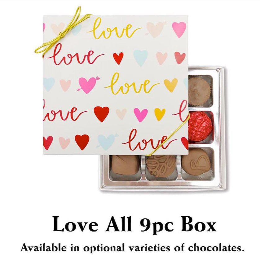 A charming 9-piece box of chocolates from Florence's Exquisite Chocolates in Rexburg, ID, designed for Valentine's Day. The "Love All 9pc Box" features a festive white lid adorned with colorful hearts and the word "love" written in elegant script. A gold ribbon adds a touch of sophistication. Inside, the assortment includes a variety of milk chocolates, dark chocolates, and caramel-filled confections, making it a delightful gift for expressing love and appreciation.