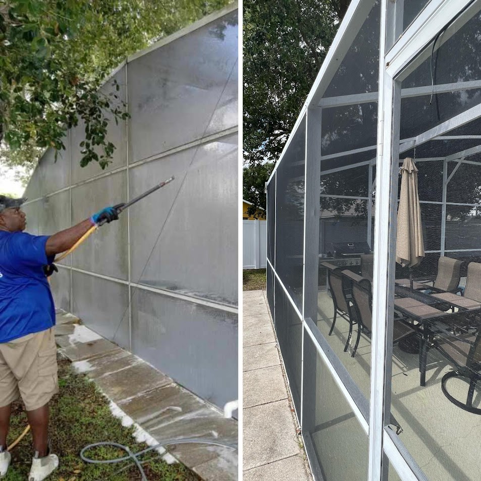 Professional pool enclosure cleaning in Davenport, FL, removing algae, mildew, dirt, and buildup from screens and frames.
