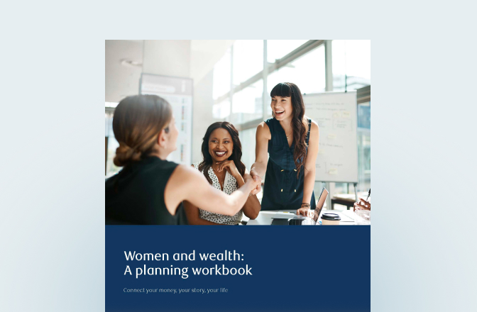 Cover of the women and wealth planning workbook with female professionals shaking hands.