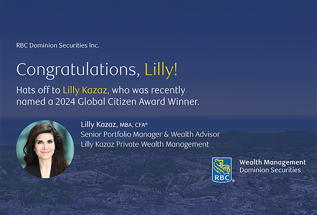 Congratulations message to Lilly Kazaz for winning the 2024 Global Citizen Award. Includes her photo and RBC Dominion Securities logo on a blue background.