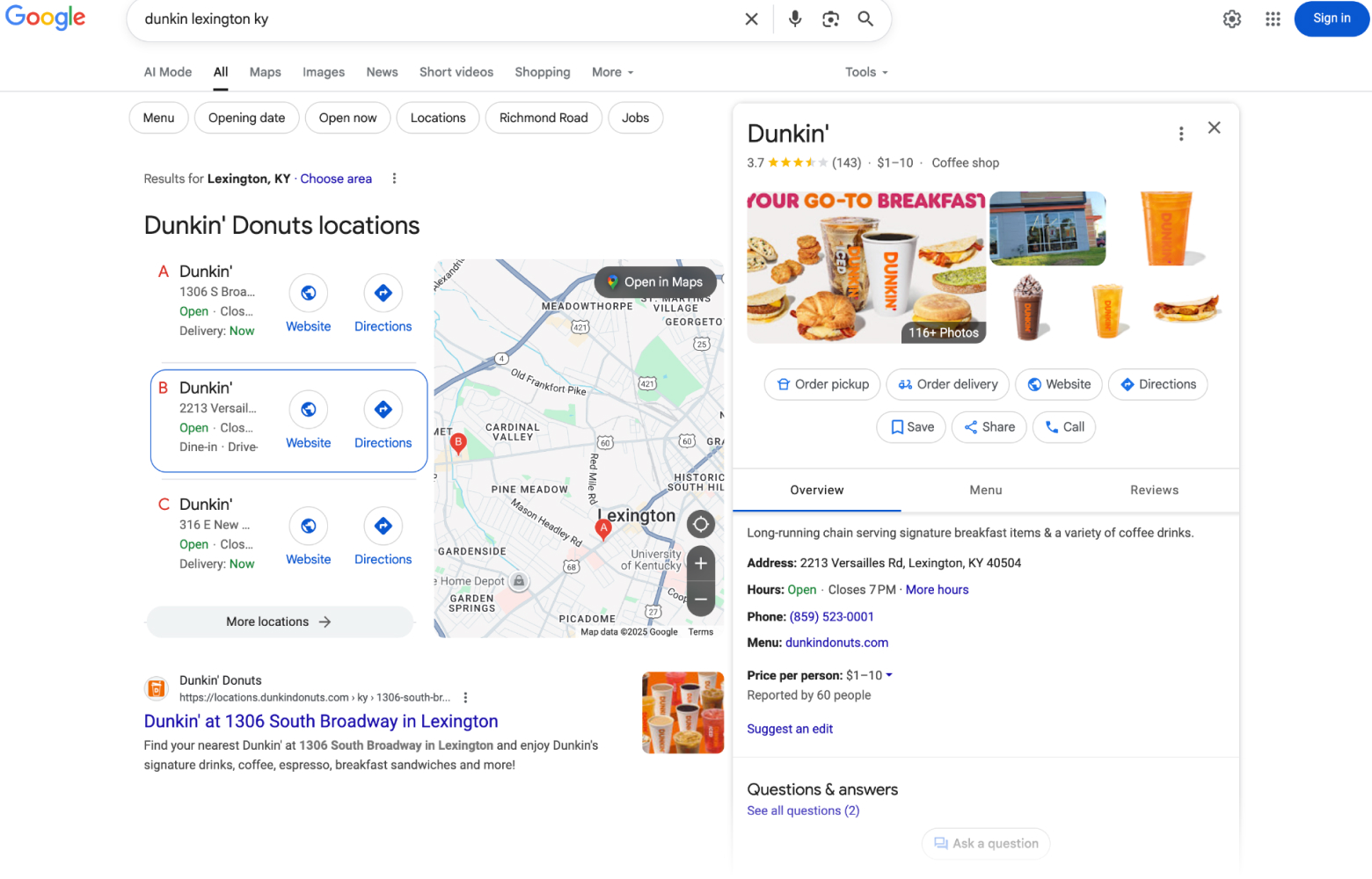 Google search showing Dunkin’ Donuts locations in Lexington, Kentucky, with a map, three store listings, and a business profile outlining address, hours, contact info, and food images.