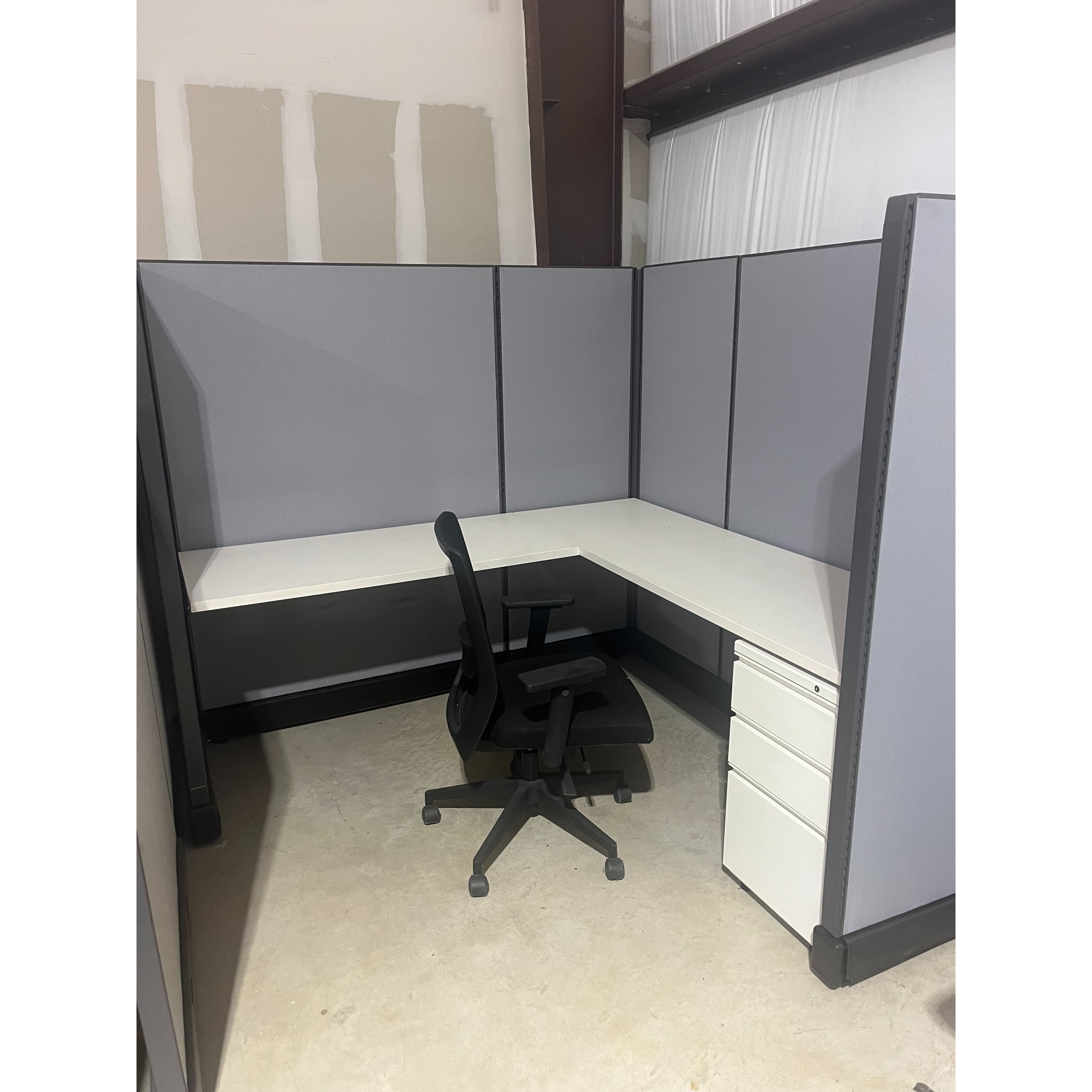 Used / Refurbished Cubicle Inventory:

High-quality refurbished Steelcase/Herman Miller style office cubicles shown with neutral fabric panels and light oak tops.