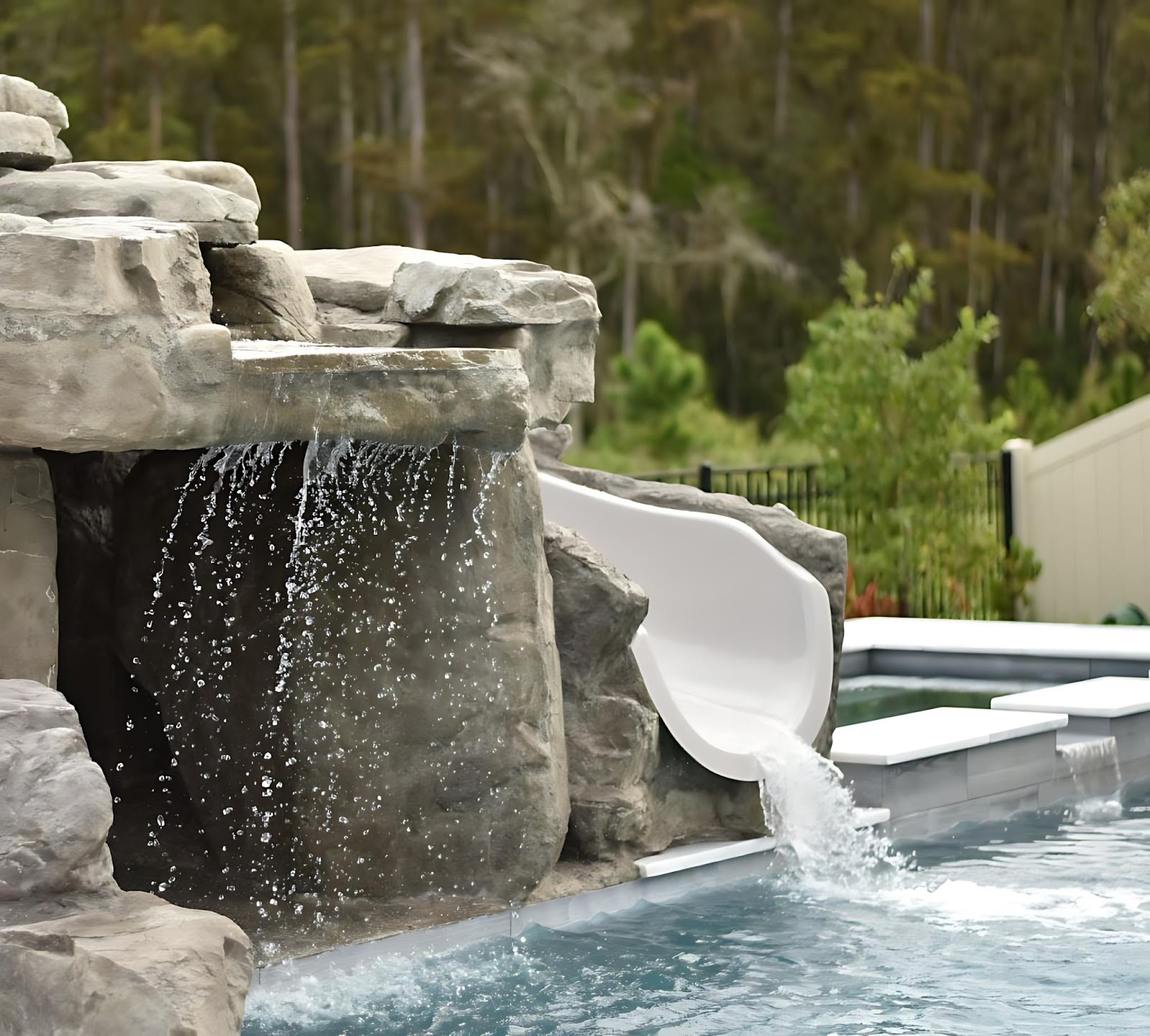 Close-up of a swimming pool featuring a natural rock waterfall and built-in water slide surrounded by landscaping.