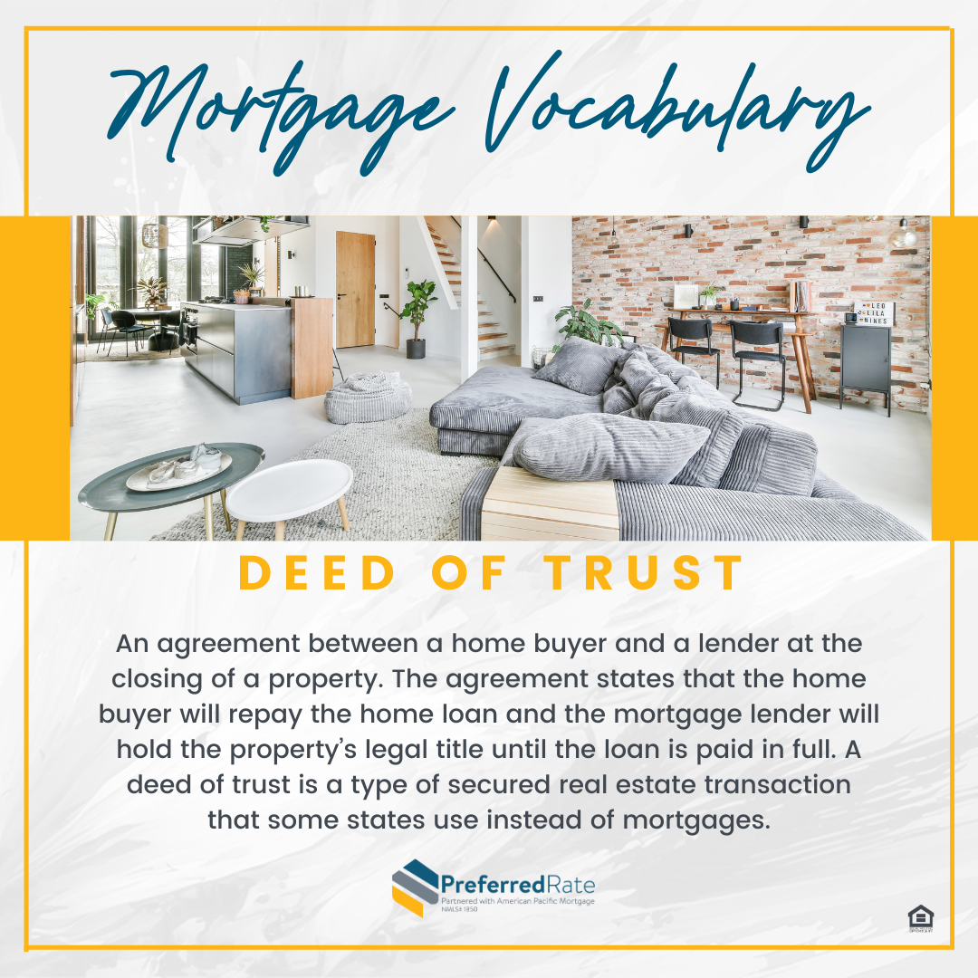Let's chat about the 'Deed of Trust'—your homeownership hero! This document secures your mortgage by giving your lender an interest in your property. It's like a pact, ensuring a trustworthy partnership on your exciting journey to owning a piece of the world. #MortgageVocabulary