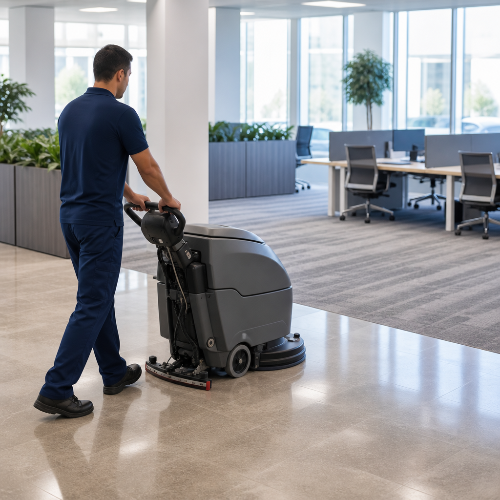 Technician running a walk-behind auto scrubber to deep clean polished concrete — commercial floor ca 