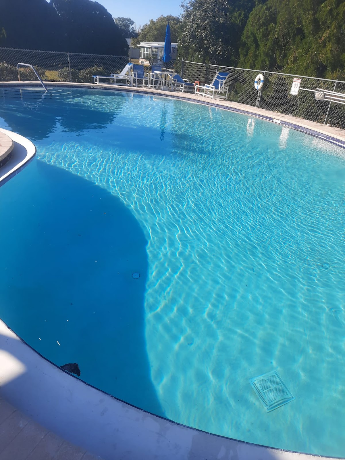 Large outdoor swimming pool with clear blue water, curved edges, and surrounding lounge areas in a landscaped setting.