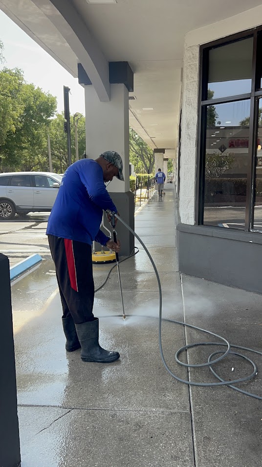 Professional commercial pressure washing in St. Cloud, FL helps businesses maintain cleaner building exteriors, sidewalks, entryways, concrete, and high-traffic areas.