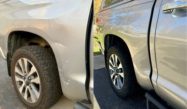 Before-and-after photos show a silver pickup truck with scratches and scuffs around the rear wheel a 