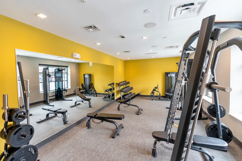 A gym with a variety of equipment including weights and cardio machines 