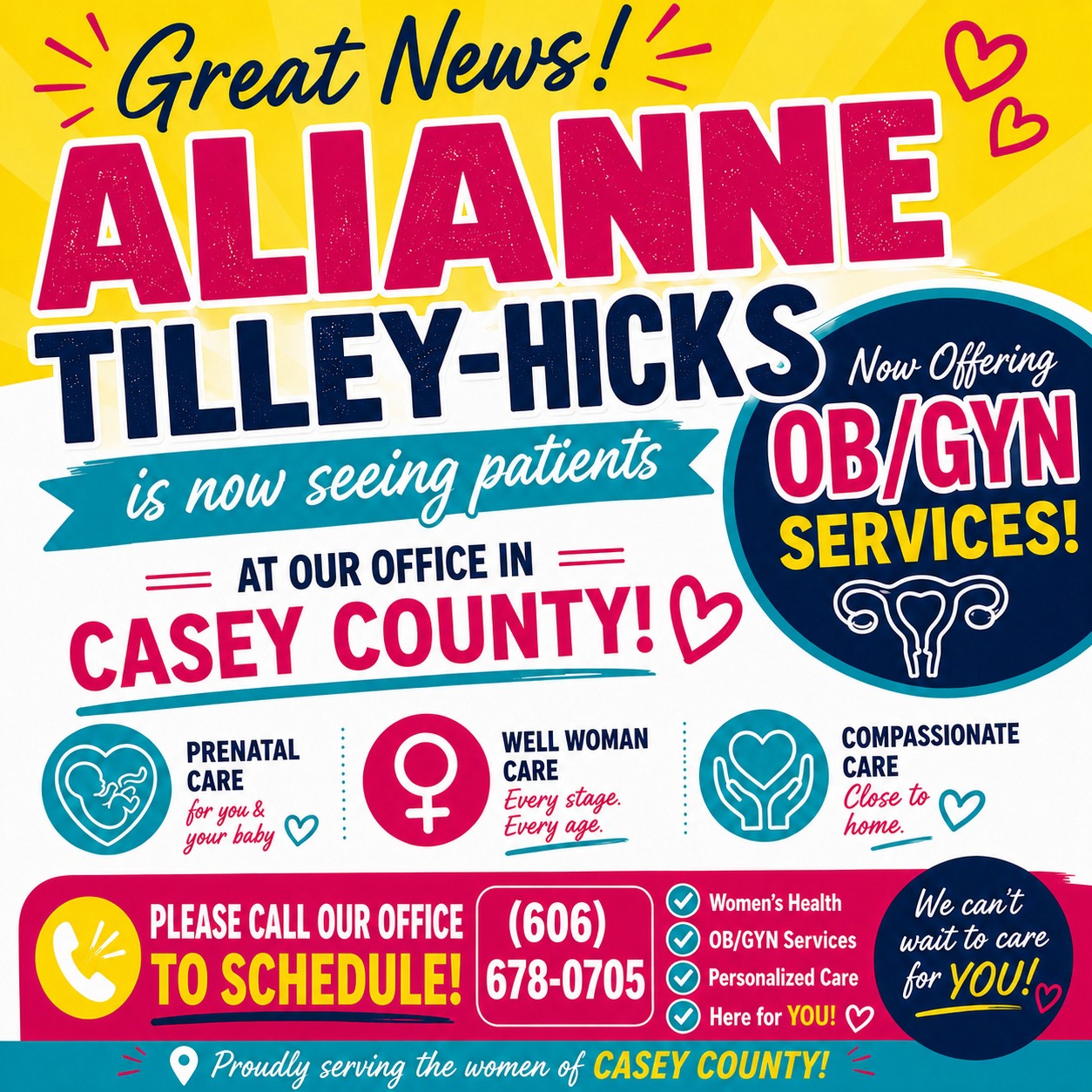 Alianne Tilley-Hicks is now seeing patients in Casey County, offering OB/GYN services, prenatal care, and compassionate women’s care close to home. Call 606-678-0705 to schedule today.
