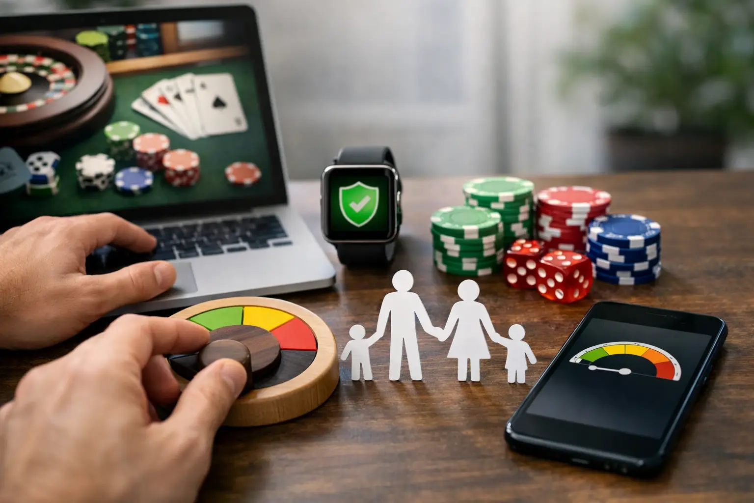 A tabletop scene depicting elements related to online gambling and responsible gaming tools. A laptop displays a roulette wheel and playing cards, surrounded by stacks of poker chips in various colors, red dice, and a smartphone showing a gauge. A smartwatch with a green shield and checkmark icon is prominently featured. In the foreground, a hand interacts with a wooden puzzle-like spinner, and a paper cutout of a family stands near the smartphone, symbolizing the impact of gaming on family life.
