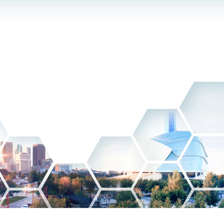 Winnipeg skyline as seen from The Forks, with the Human Rights Museum on the right.