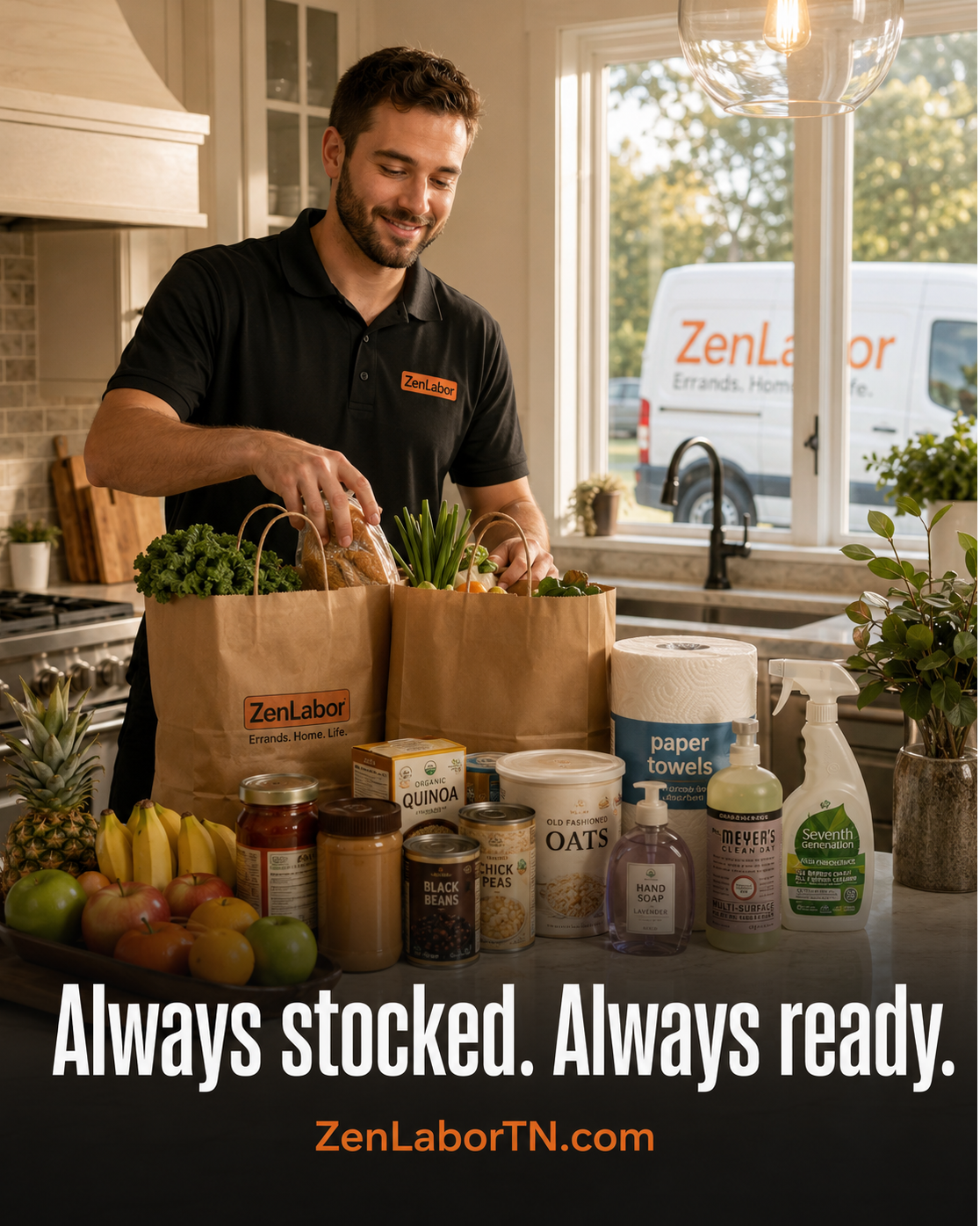 ZenLabor team member restocking a client's kitchen with fresh groceries and essentials, keeping the home stocked and ready with ZenLabor's restocking service.