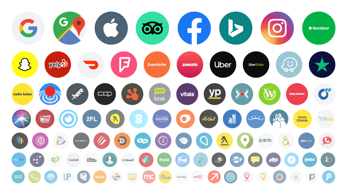 Logos of Google, Google Maps, Facebook, Instagram, Bing, Apple, and more.