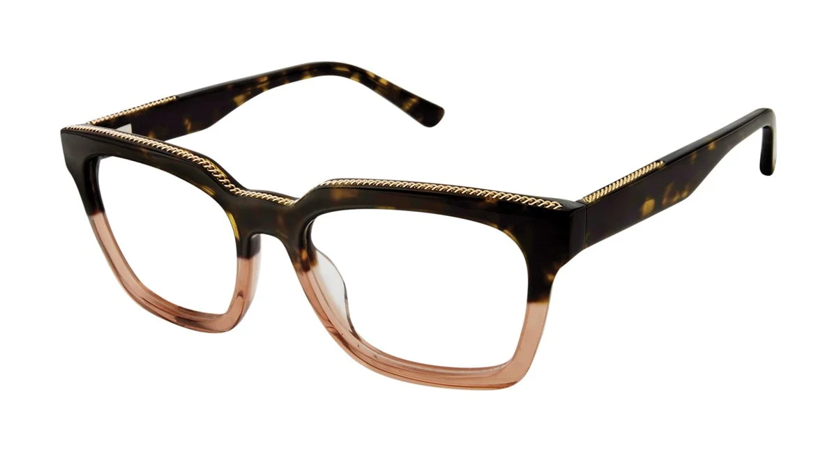 A pair of fashion eyeglasses with a tortoiseshell pattern and a gradient of rose gold on the lower part of the frames is displayed against a white background. The eyeglasses have a thick, square-shaped frame and a decorative gold chain-like embellishment along the top edge of the frames. The lenses are clear and the temples are also made of the tortoiseshell material with a slight curve at the end.